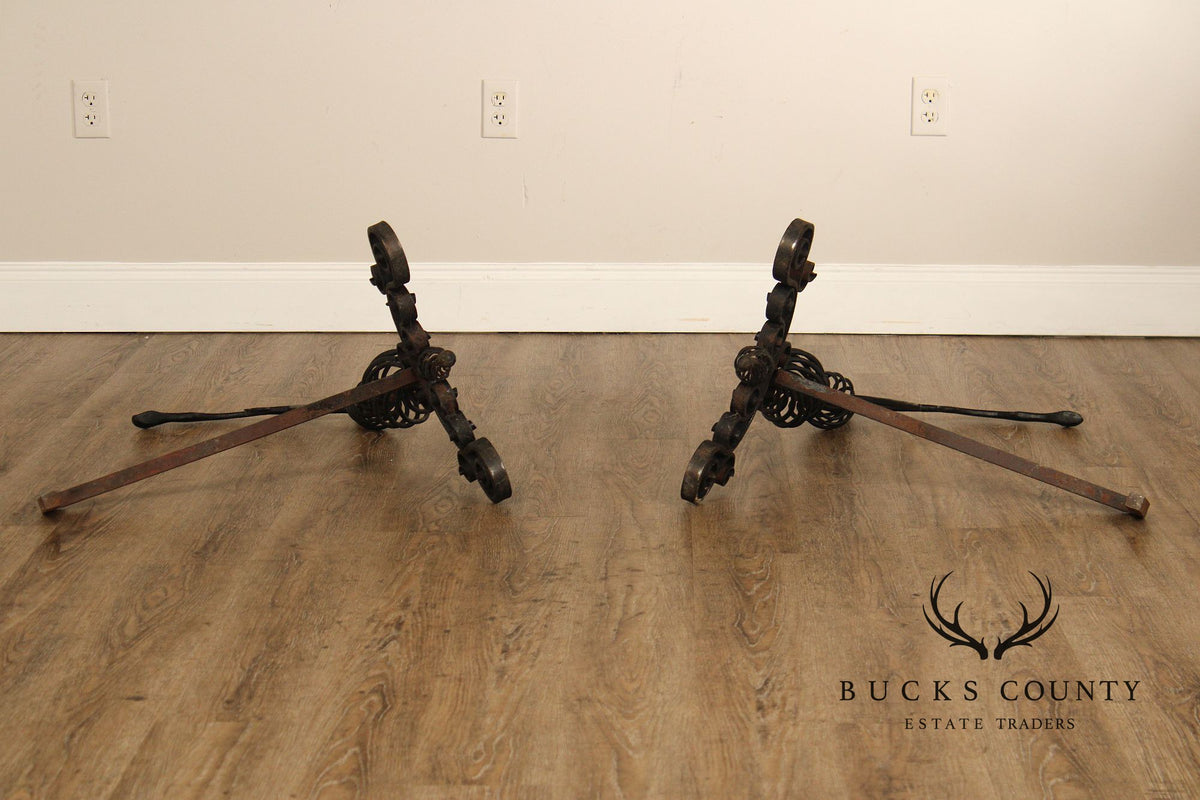 Arts & Crafts Pair of Scrolling Wrought Iron Andirons