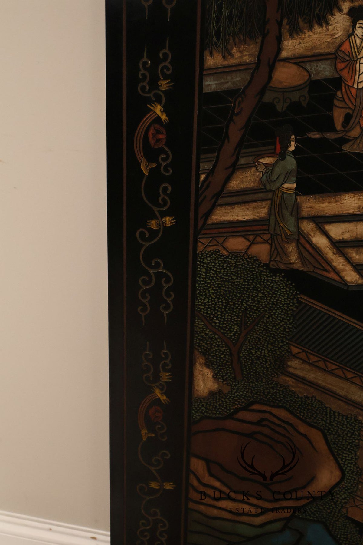 Asian Style Black Vintage Lacquer Six Panel Folding Screen