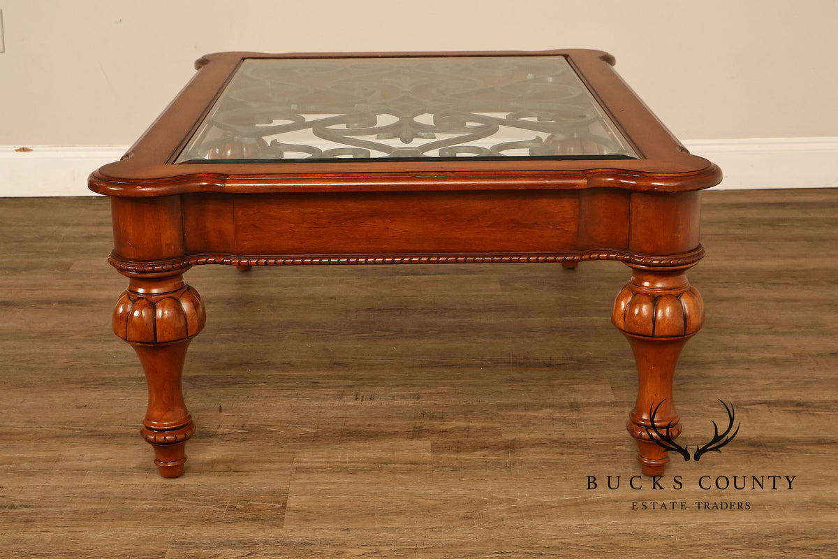 Ethan Allen Tuscany Glass Top Coffee Table With Iron Scroll Base