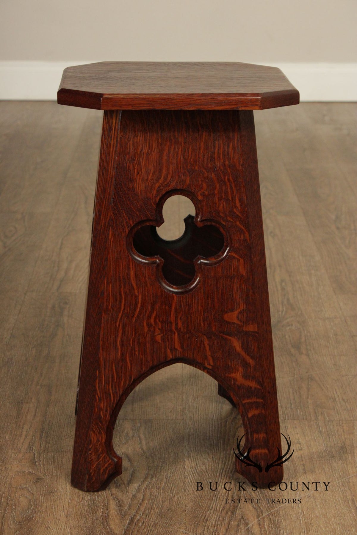Arts and Crafts Antique Pair of Oak Cut-Out Taboret Side Tables