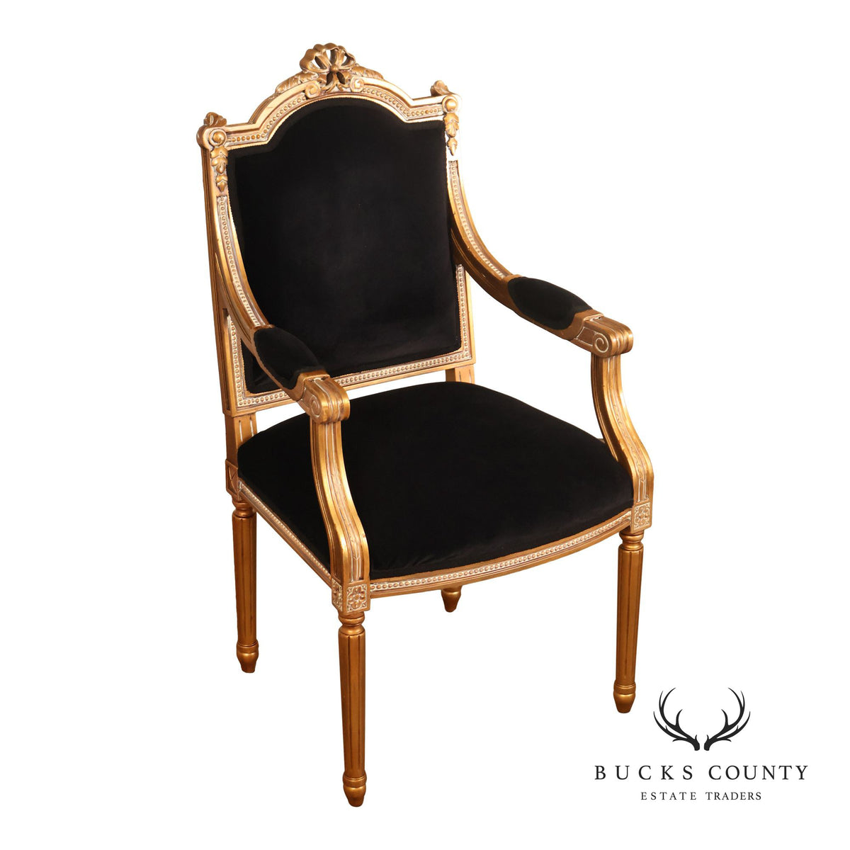 Louis XVI Style Giltwood Armchair With Black Upholstery