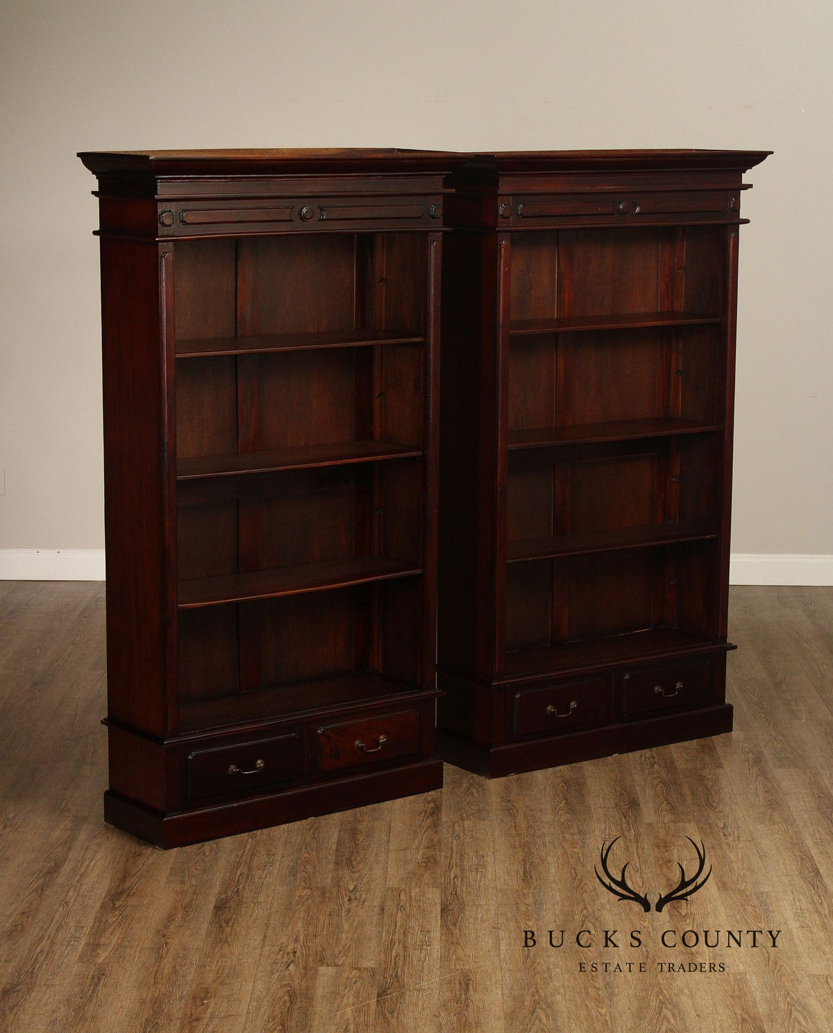 Mahogany Pair Of Tall Open Bookcases With Drawers