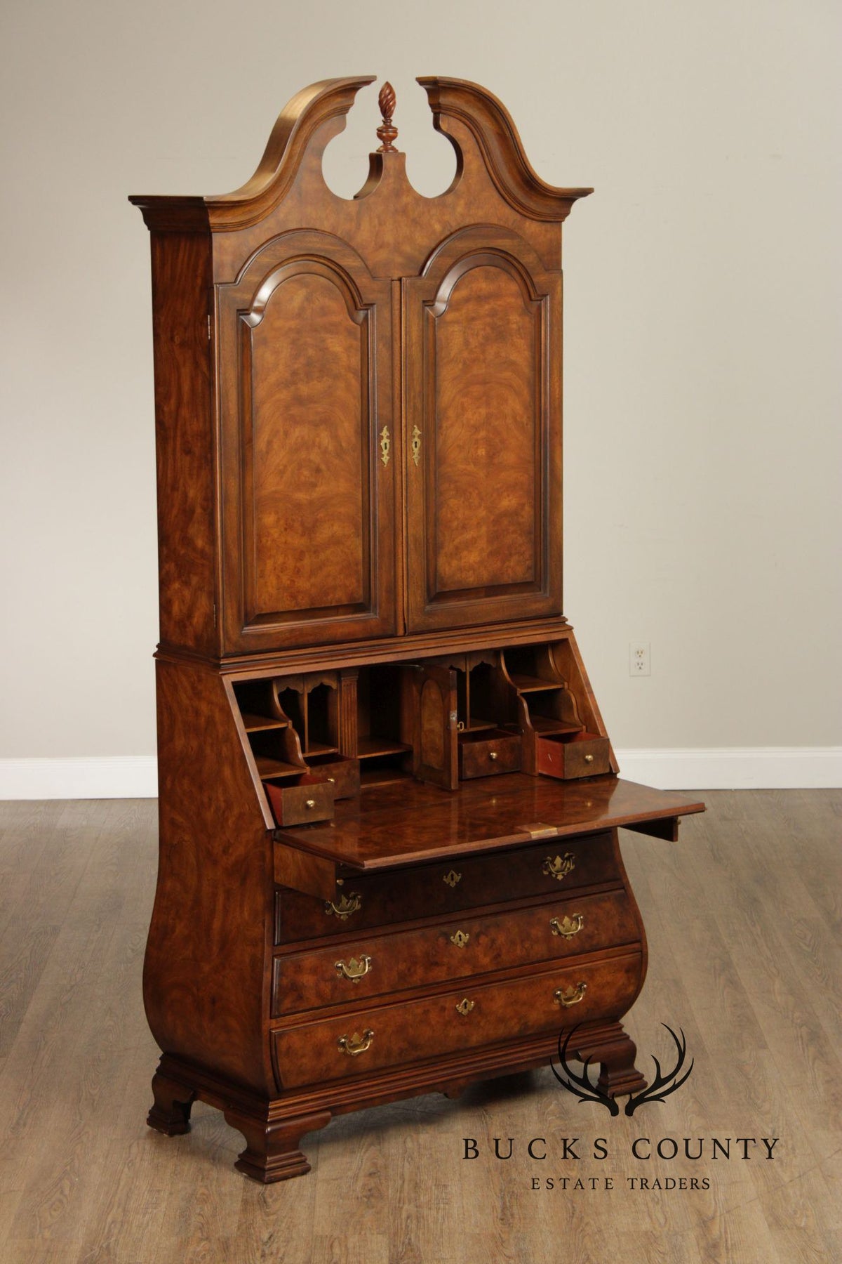 Chippendale Style Burled Walnut Bombe Secretary Desk Bookcase By Heritage Heirloom
