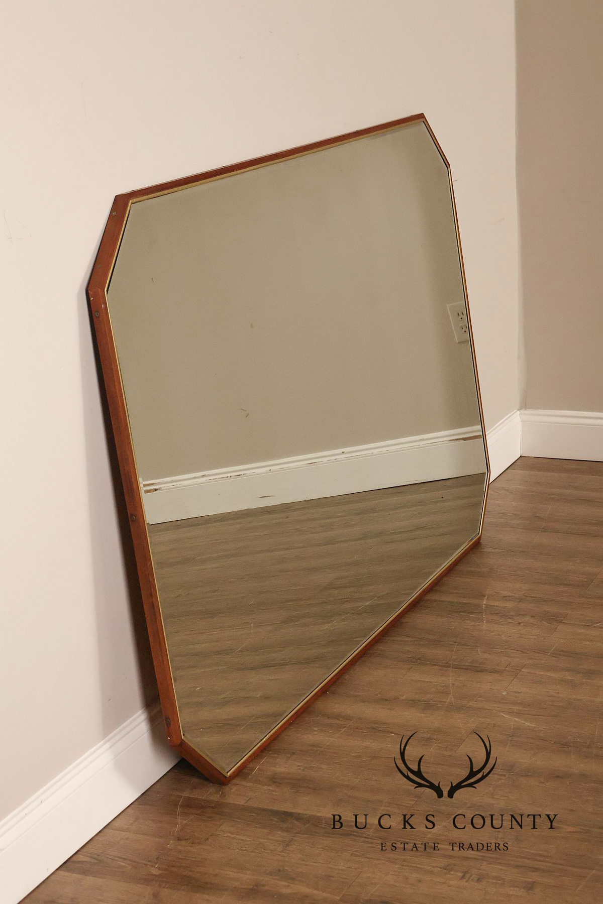 Mid Century Modern Walnut Frame Large Octagonal Mantel Mirror