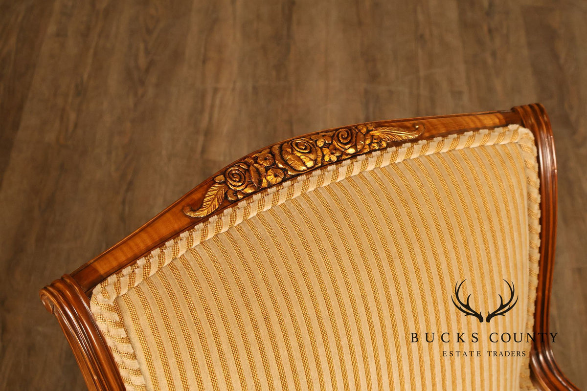 Medea Furniture Pair of  Louis XVI Style Carved Bergere Armchairs With Gold Striped Velvet Upholstery