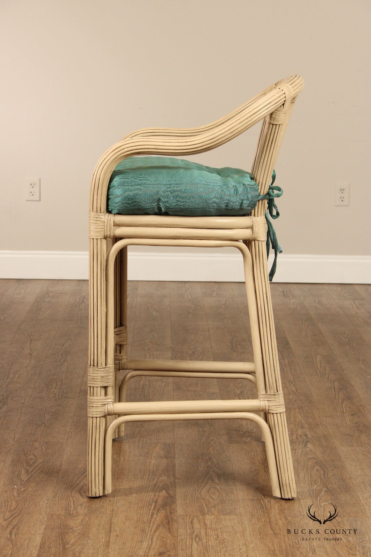 Hollywood Regency Style Pair of Rattan Bar Stools