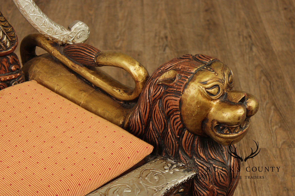 Hand Carved Painted And Gilt Lion And Peacock Motif Pair Of Throne Chairs