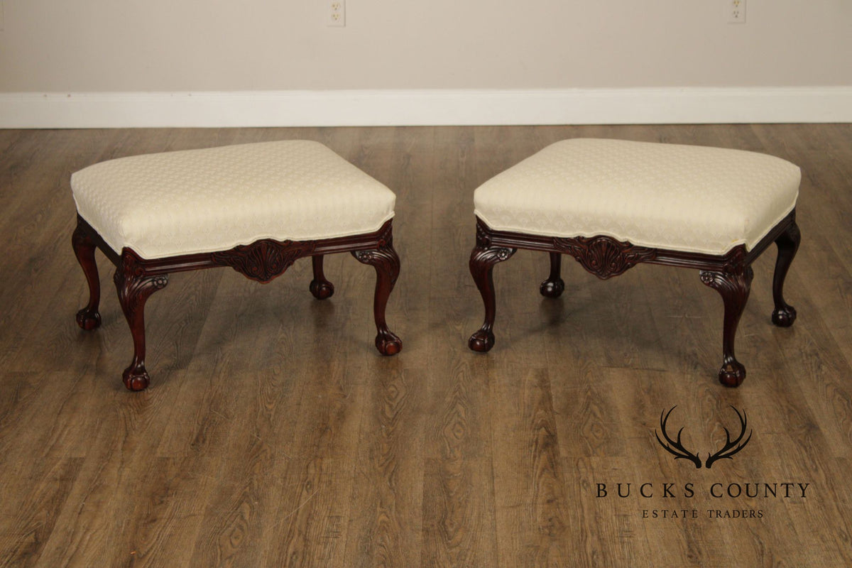 Thomasville Pair Of Chippendale Style Mahogany Upholstered Ottomans