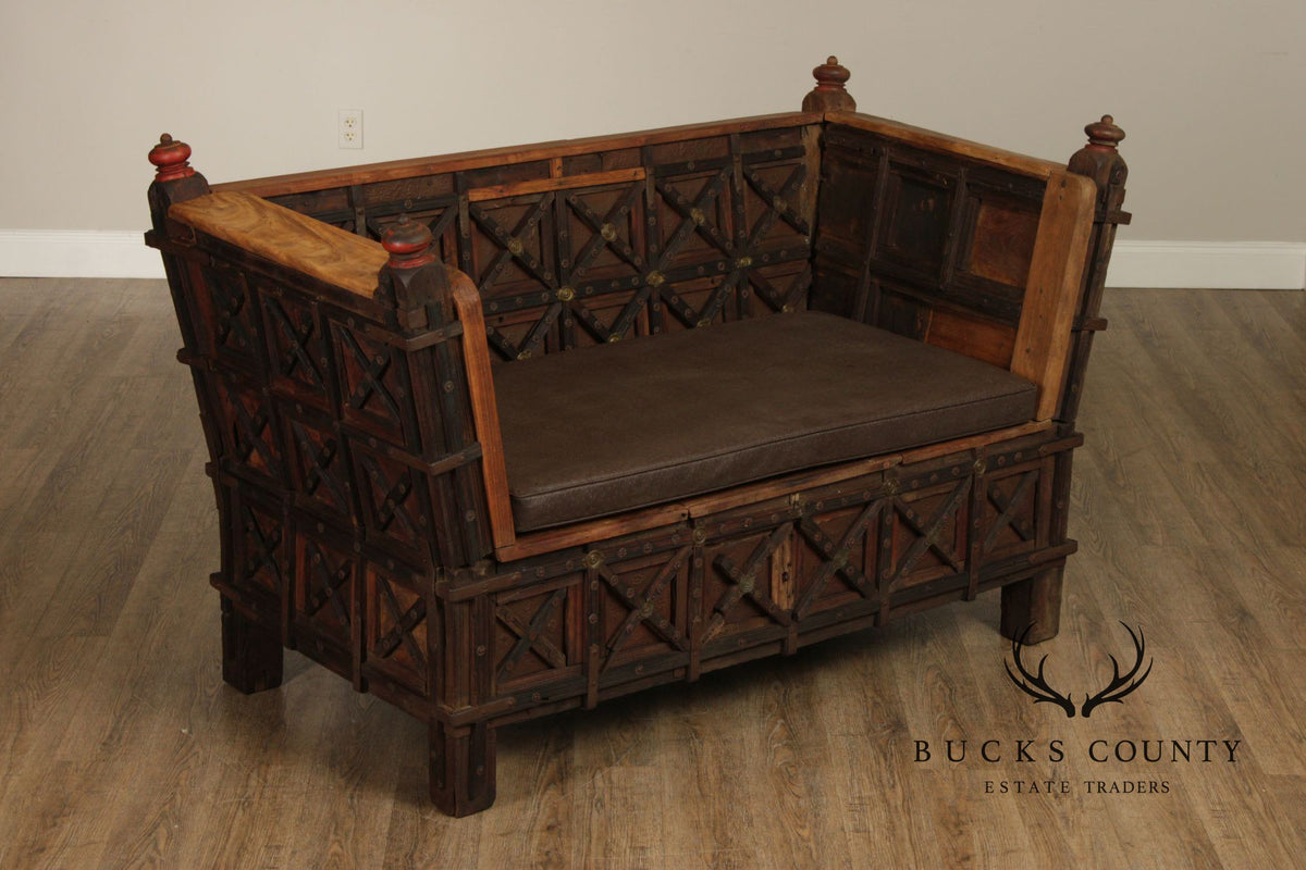 Antique Indian Teak Dowry Chest Settee