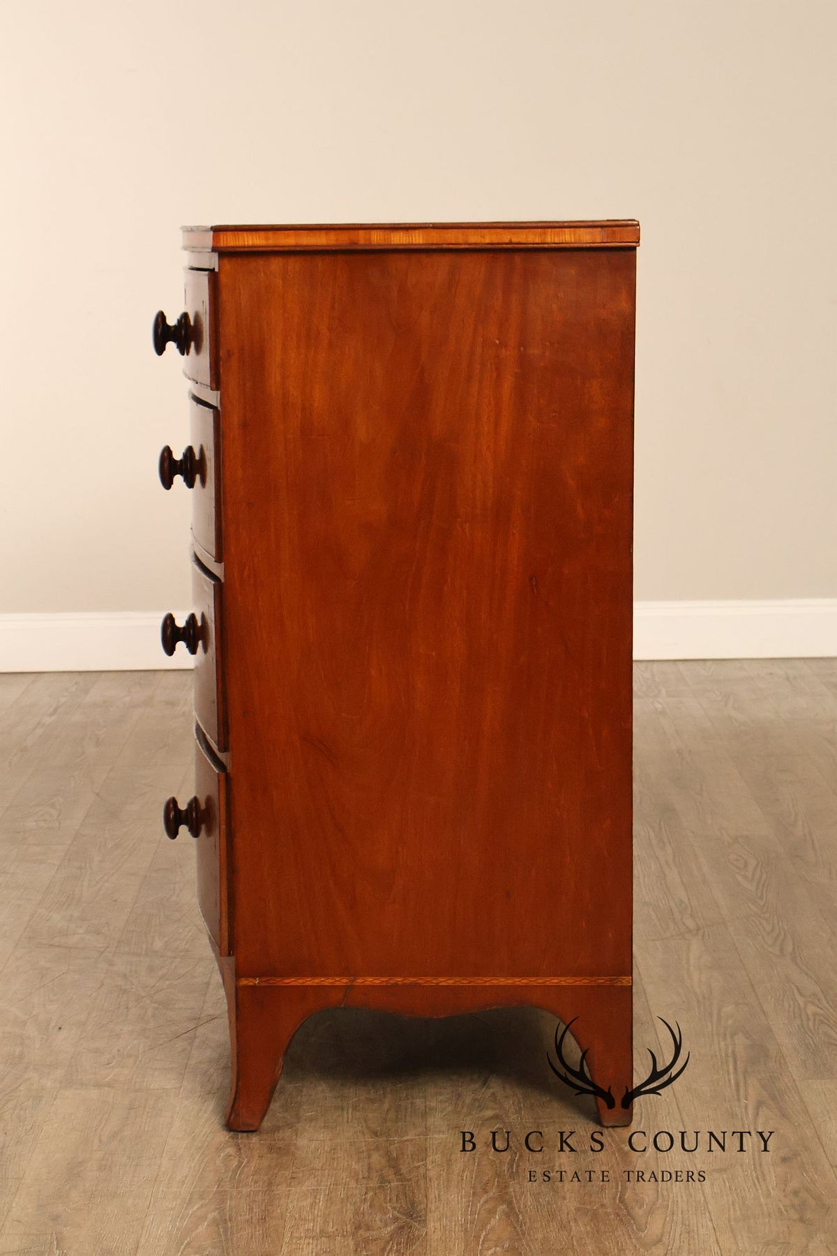 Antique English Sheraton Style Inlaid Bow Front Chest Of Drawers