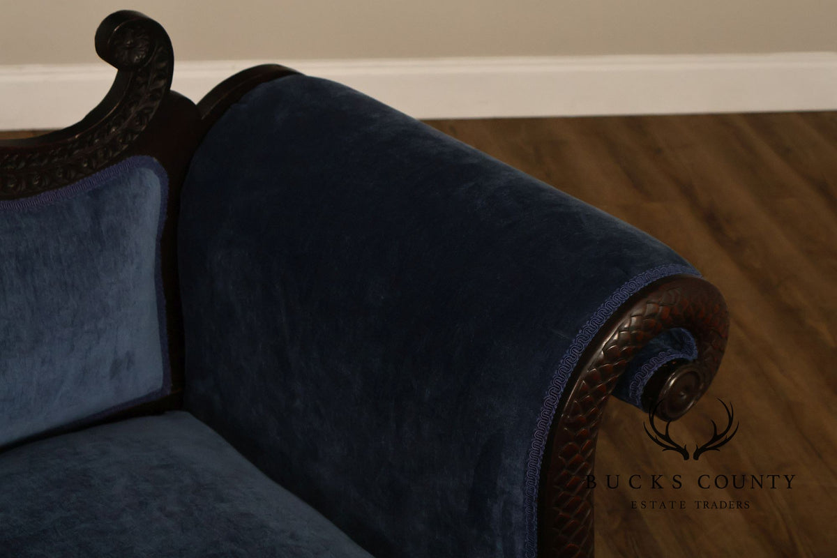 Antique American Empire Mahogany Carved Swan Arm Sofa With Blue  Upholstery