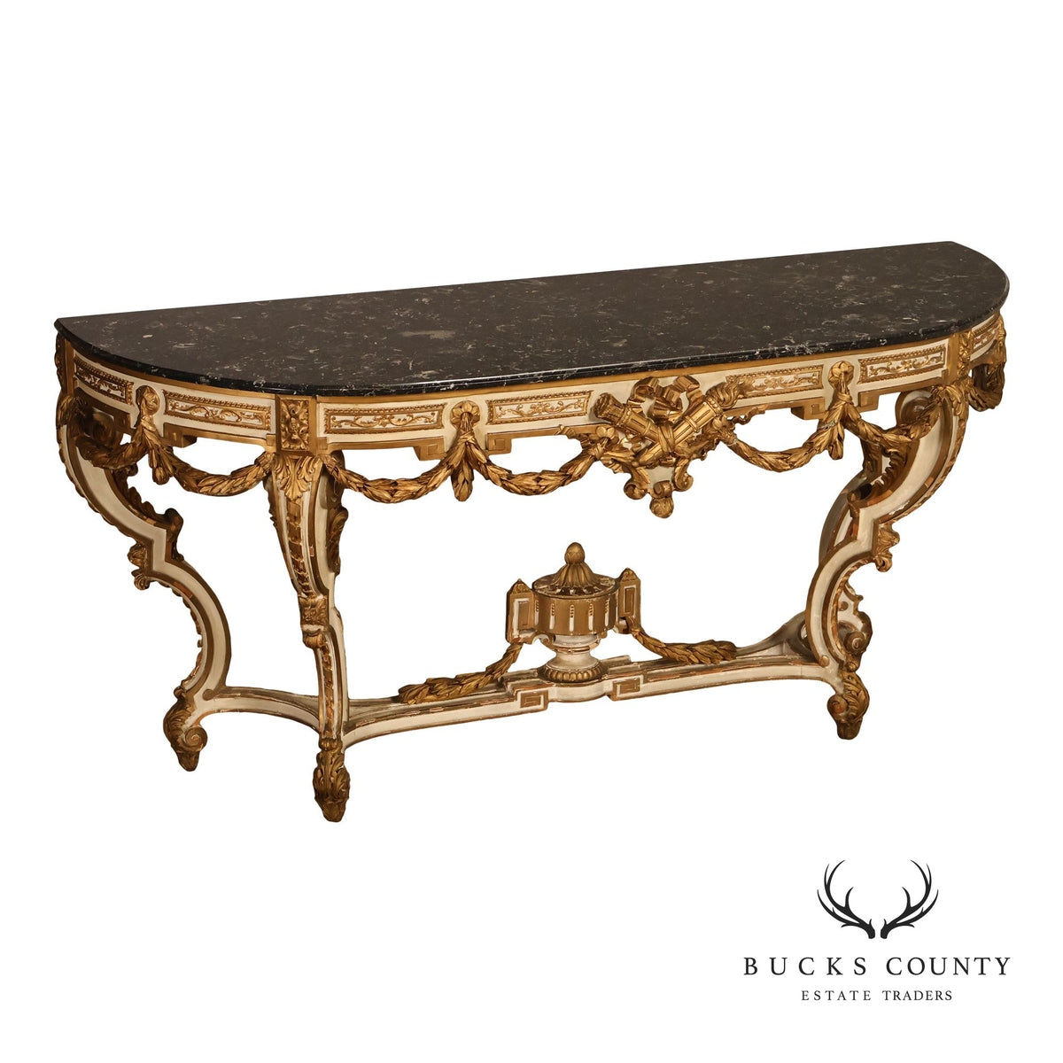 Louis XV Style Giltwood And Painted Demilune Marble Top Console Table