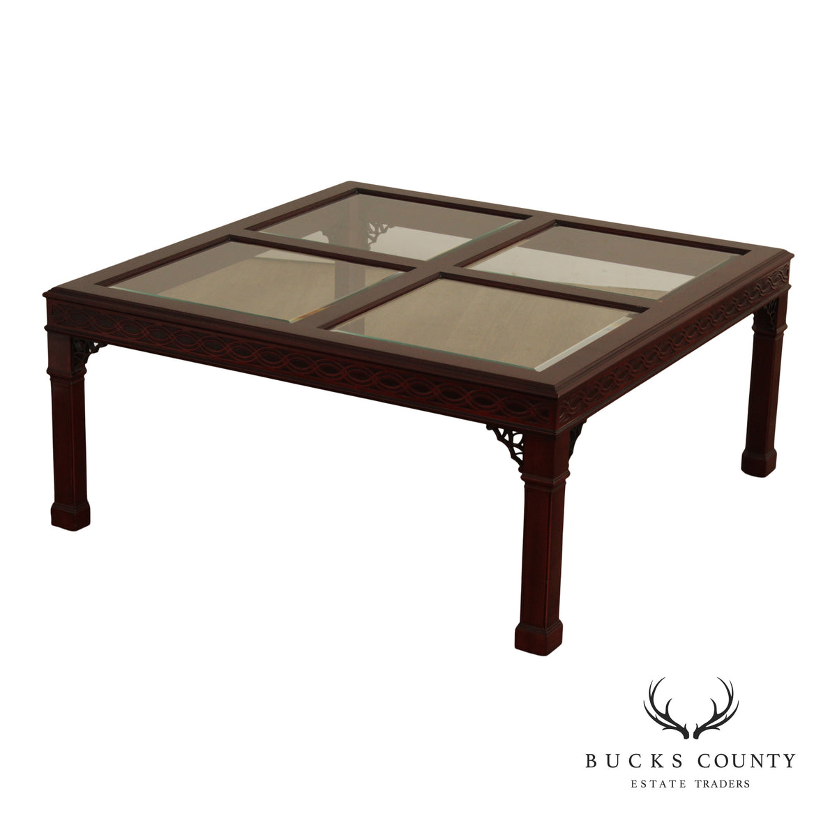 Kindel Chinese Chippendale Style Glass Top Mahogany Coffee Table