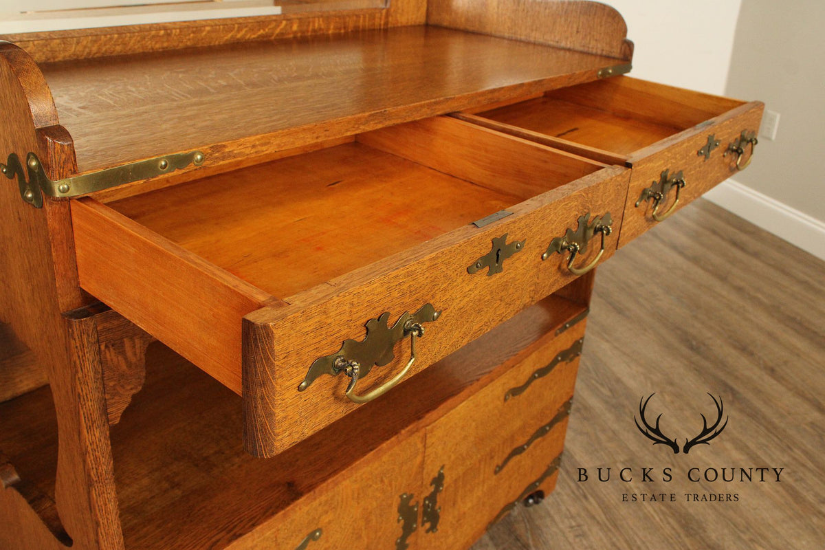 Antique Victorian Golden Oak Sideboard With Mirrored Back