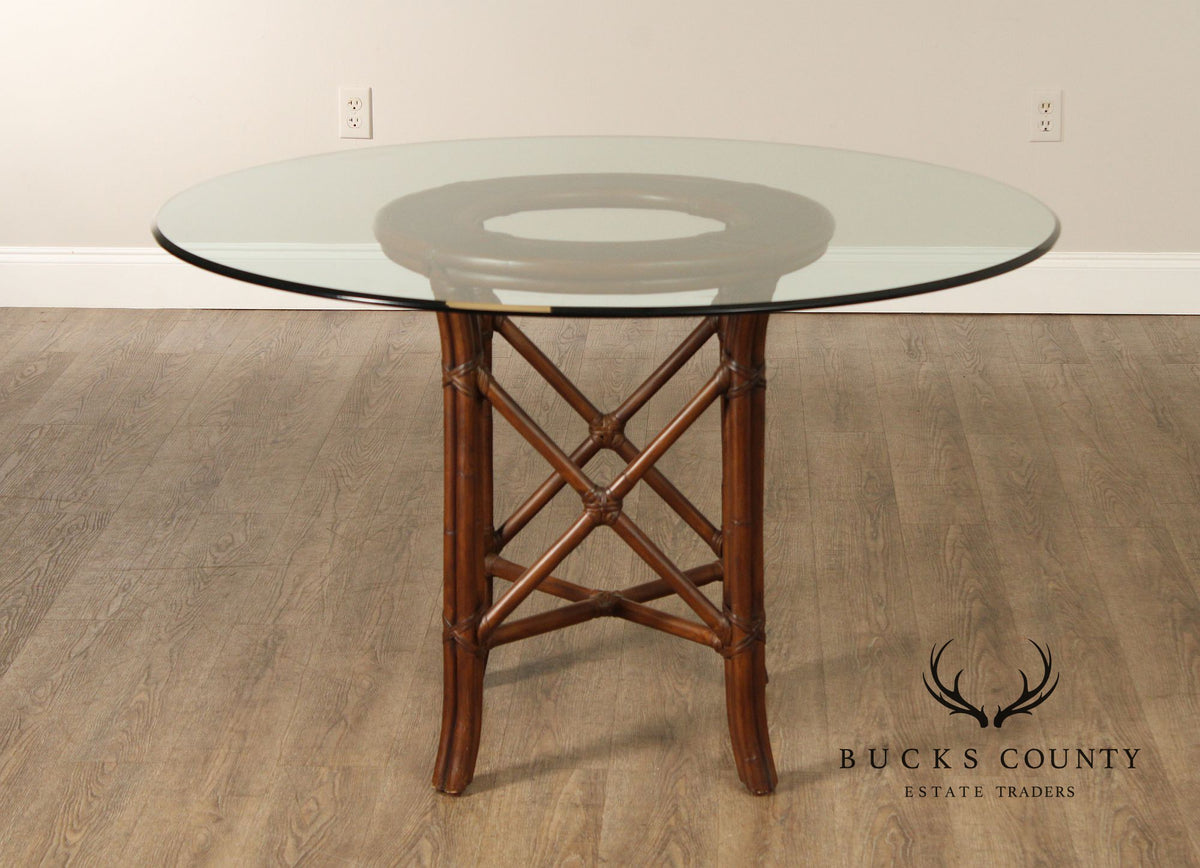 Hollywood Regency Round Glass Top Rattan Dining Table