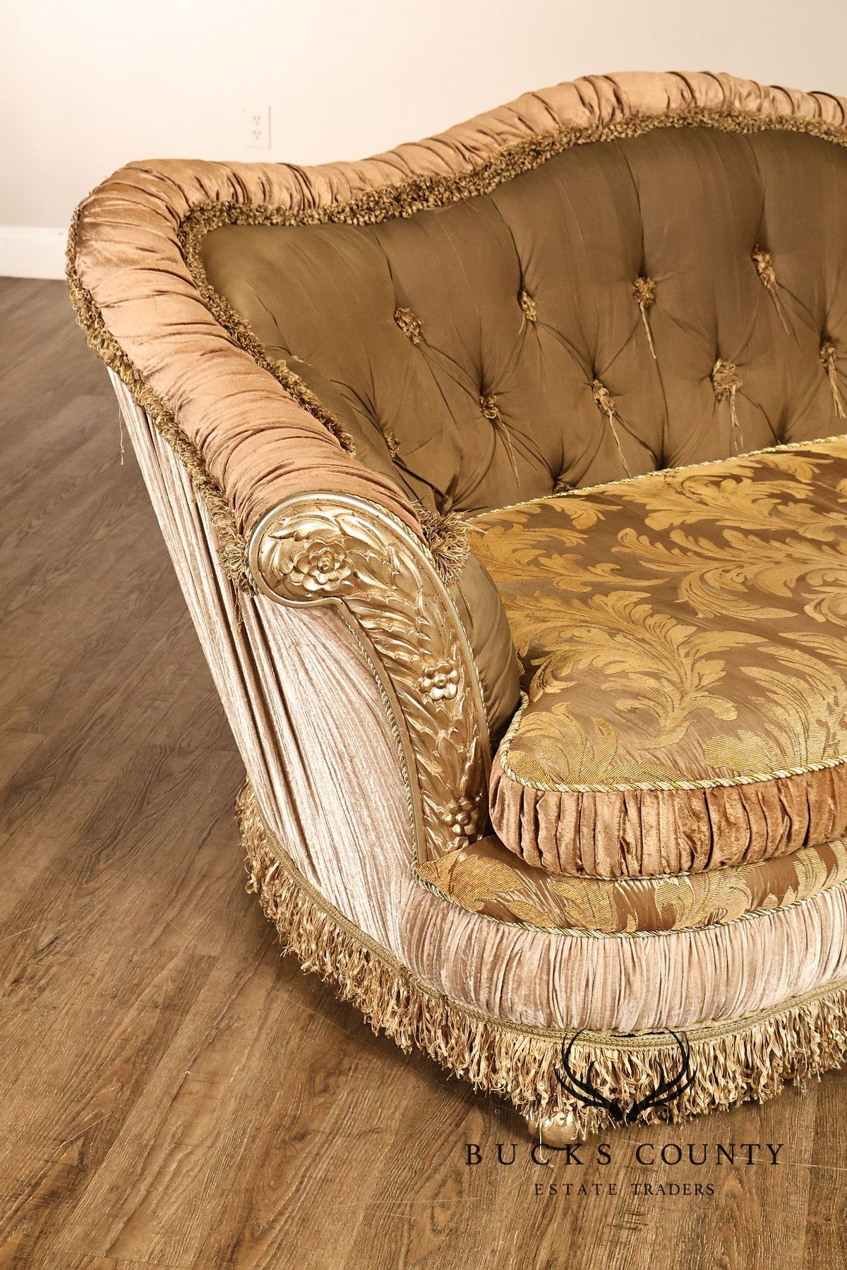 Tufted Rococo Camelback Sofa With Carved Gilt Trim