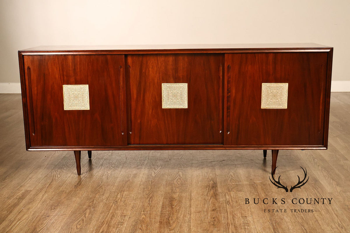 Mid Century Modern Walnut Buffet Sideboard With Decorative Tile Inlays