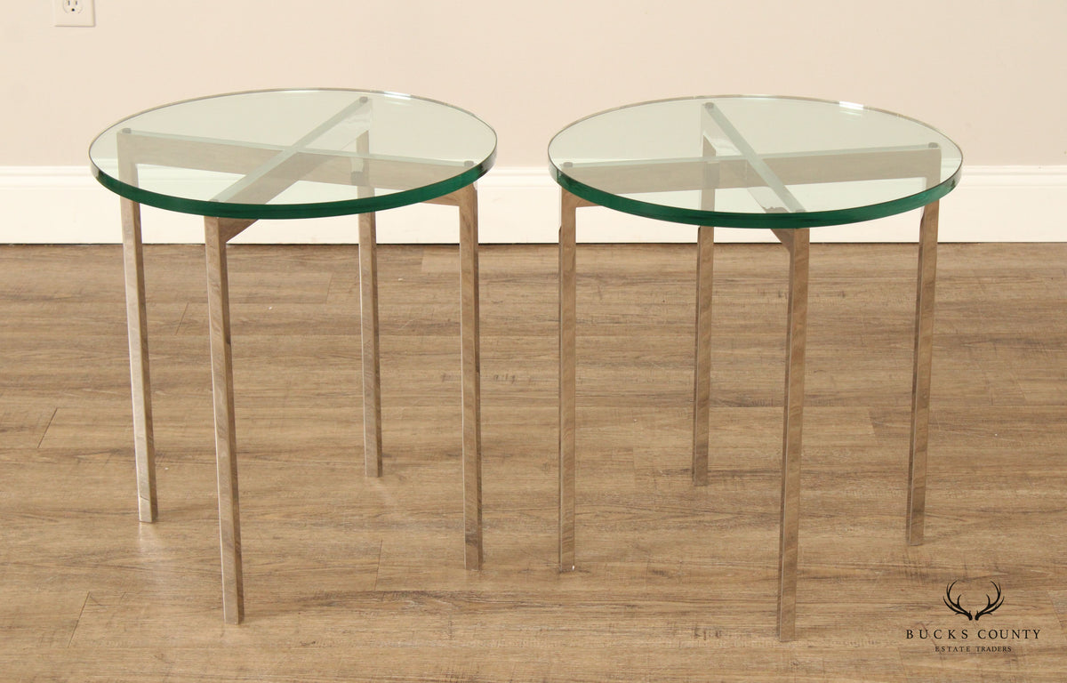 Postmodern Pair of Chrome Frame Round Glass Top Side Tables