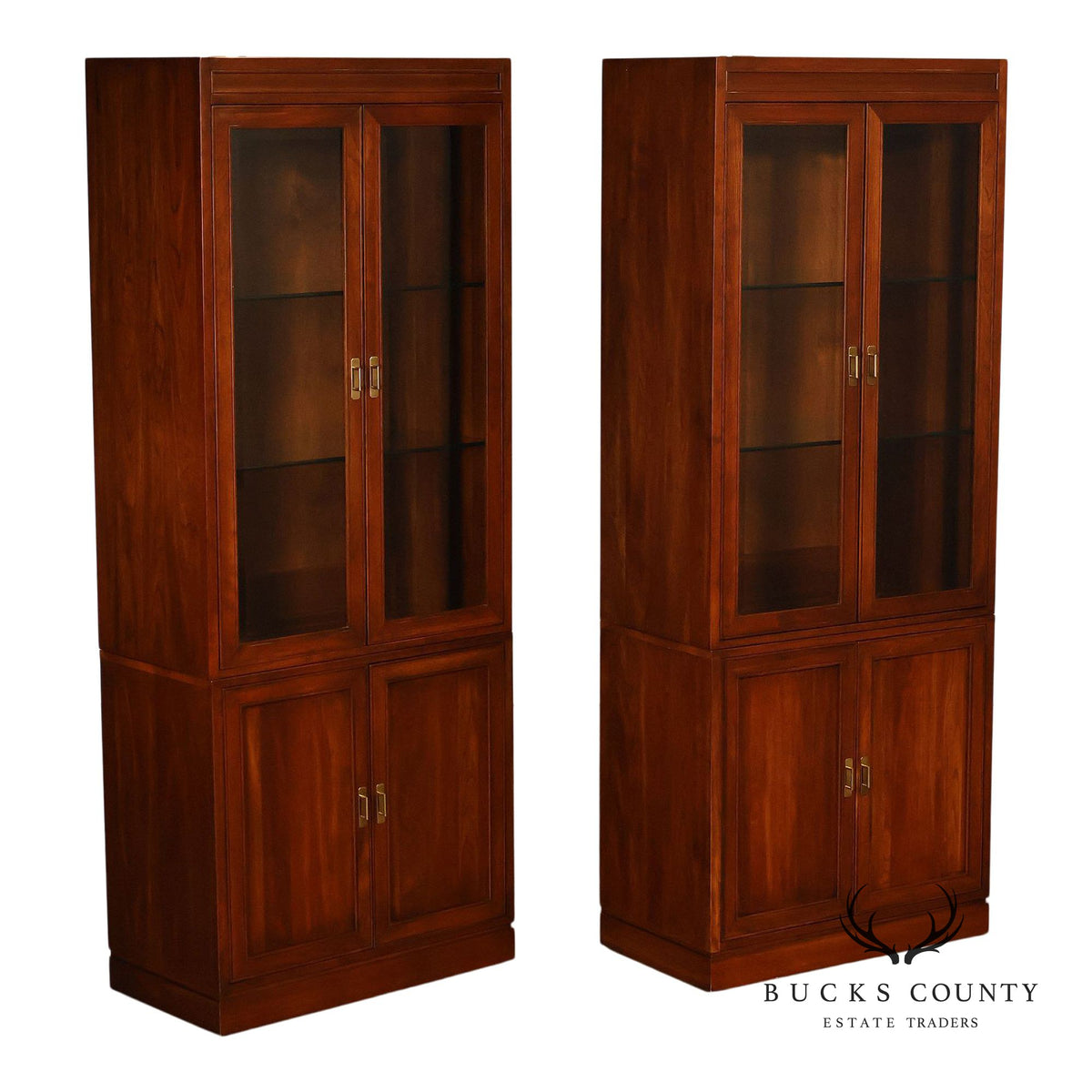 Ethan Allen Campaign Style Pair Of Display Curio Cabinets