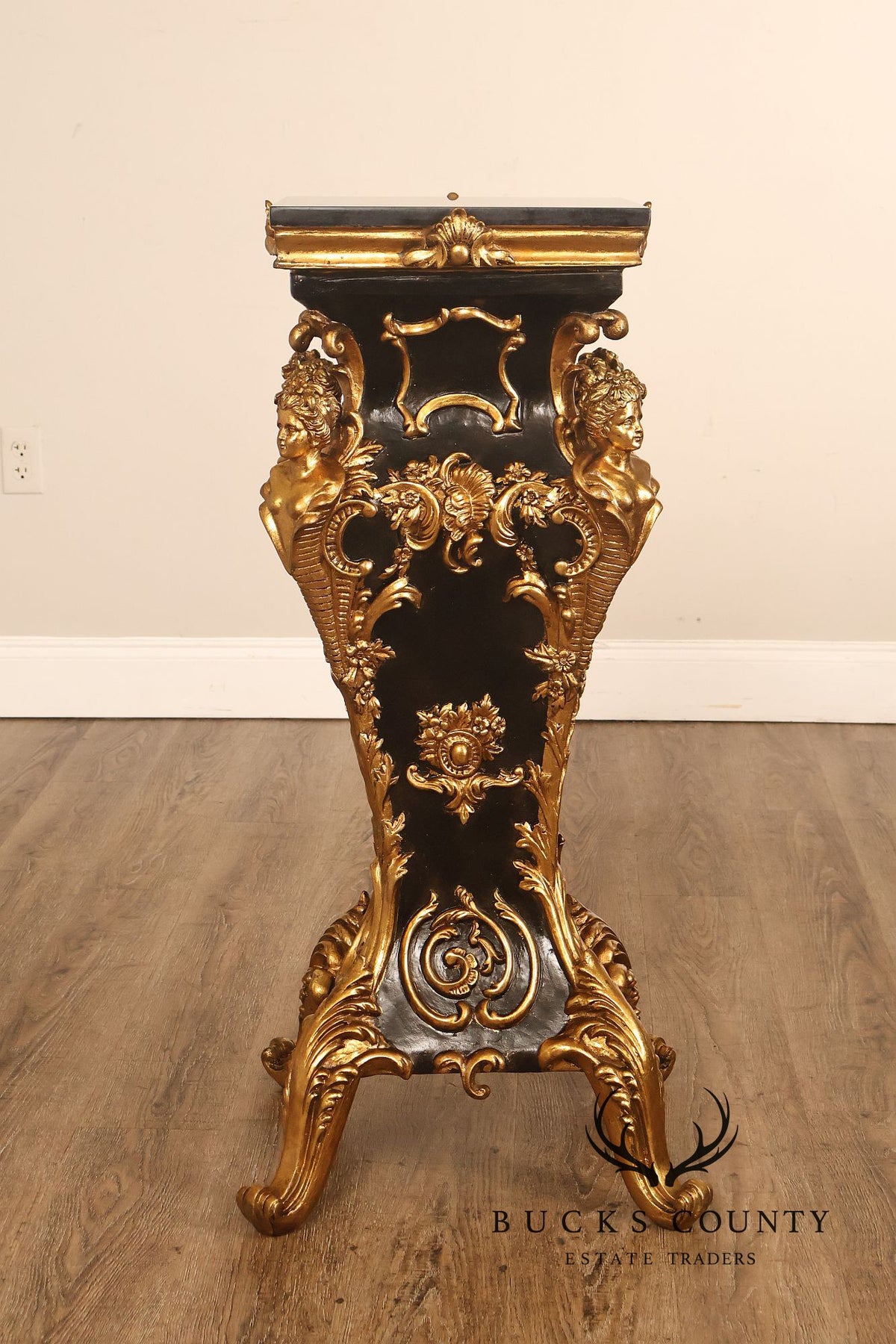 Italian Renaissance Style Pair of Slate Top Figural Carved Pedestals