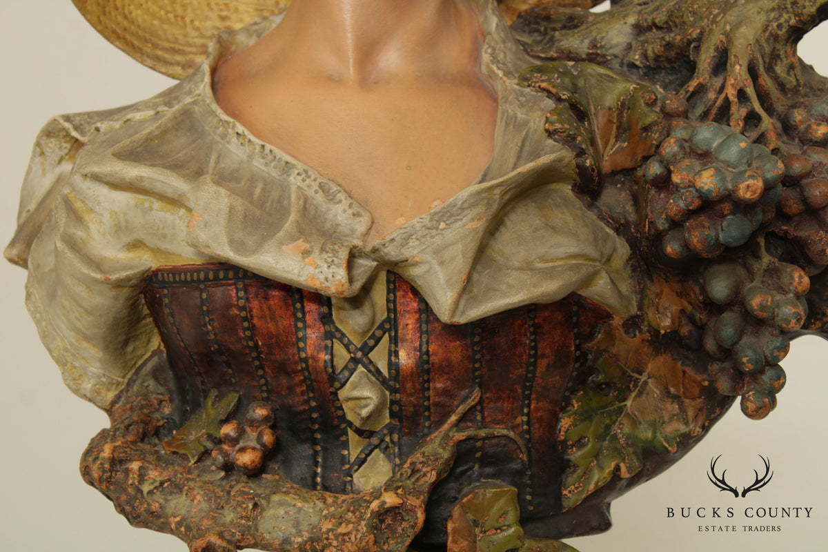 Vintage Bust of Maiden Carved Sculpture, 'Lady of the Grapes'