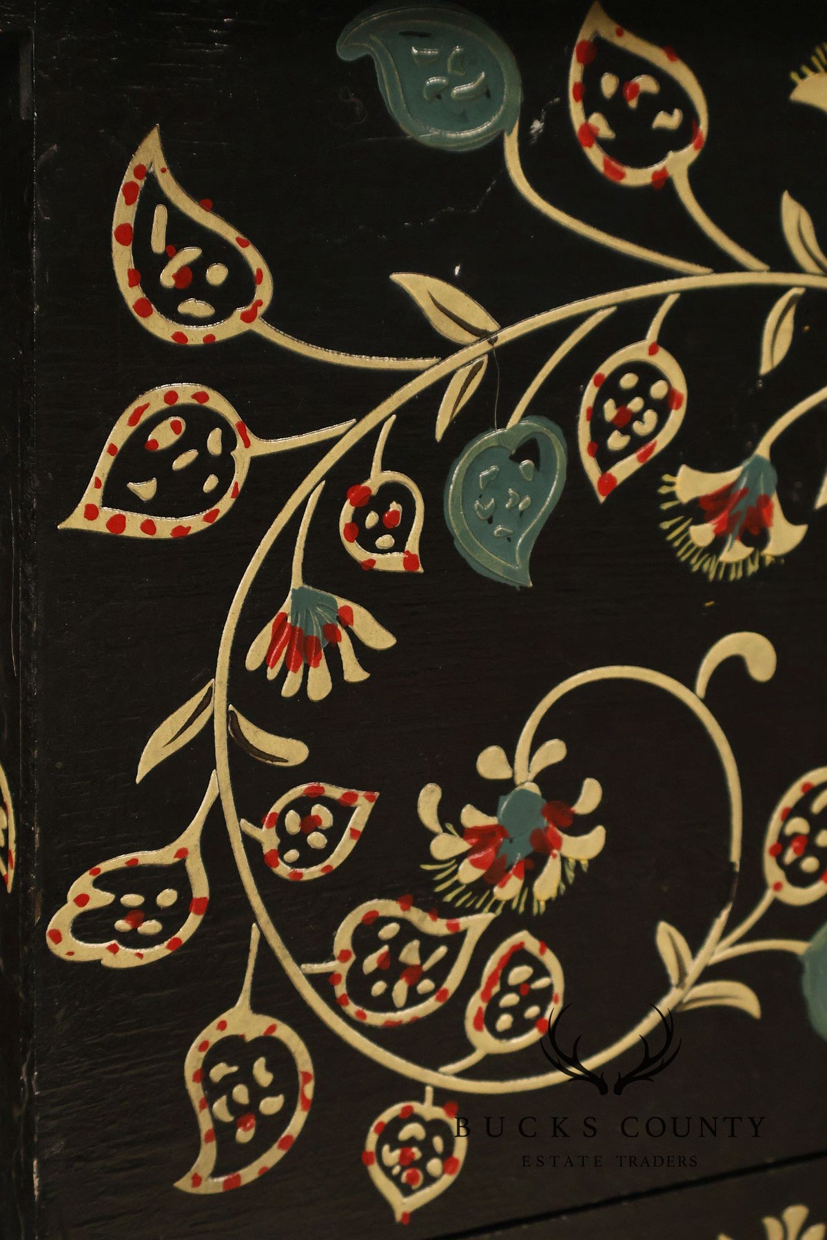 Hand Painted Black Floral Decorated Blanket Chest With Drawer