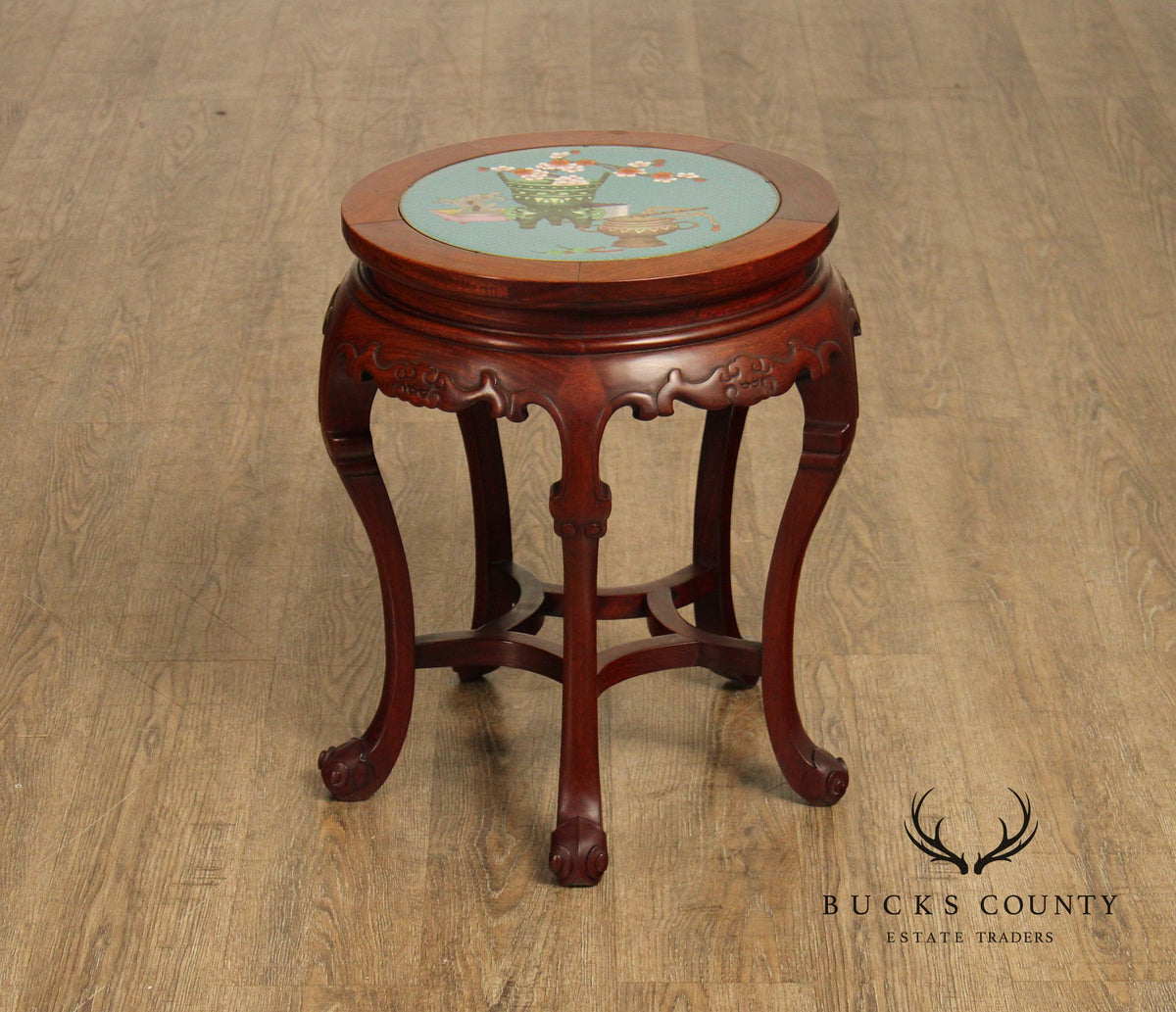 Pair of Chinese Style Cloisonné Inset Top Hardwood Accent Tables