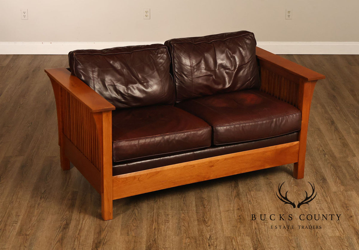 Stickley Mission Collection Cherry Wood Spindle Frame Leather Loveseat