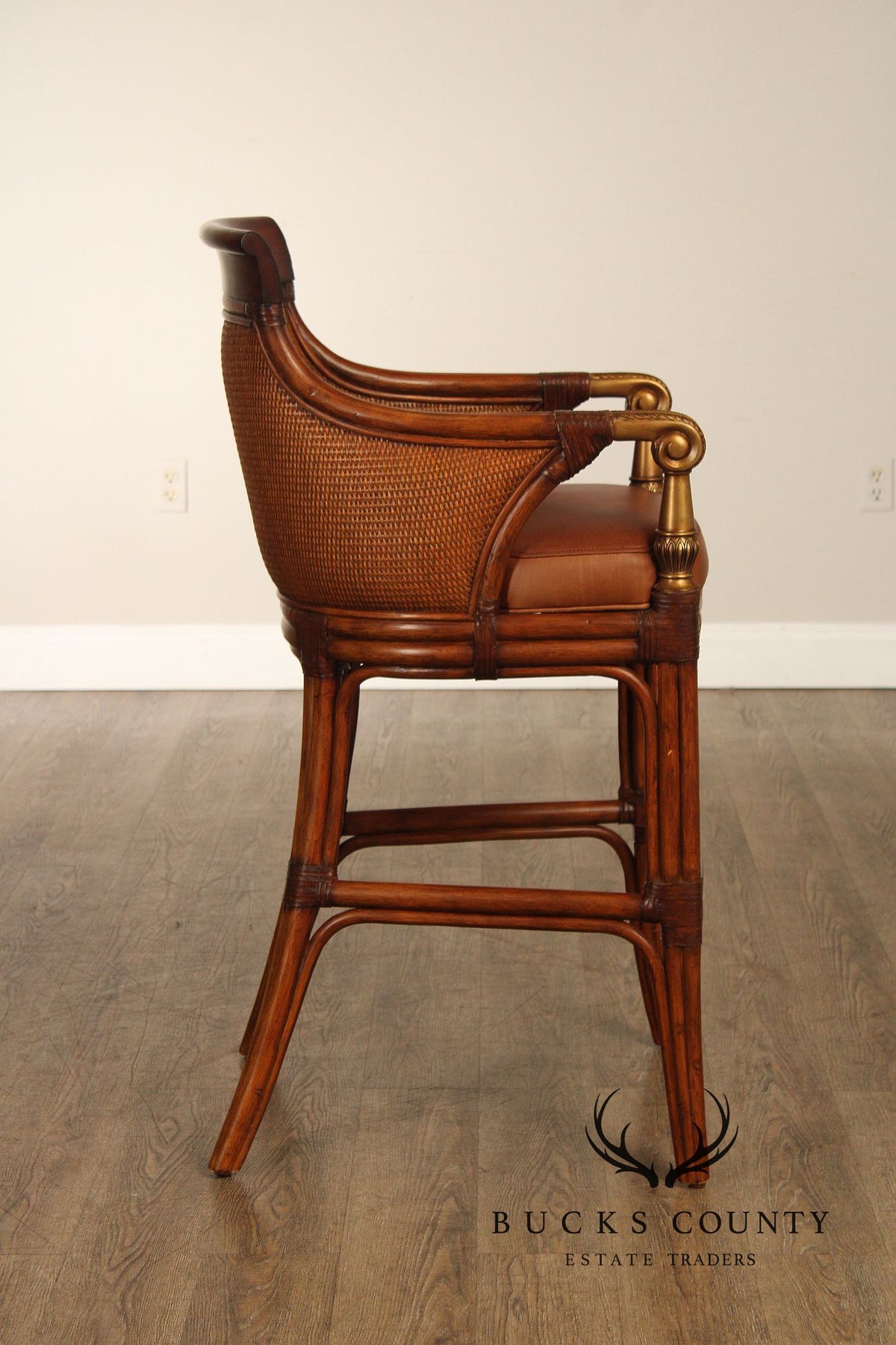 Pair Of Ethan Allen Leather And Rattan Bar Stools