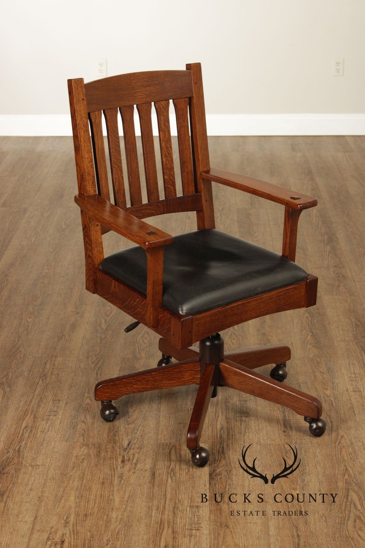 Stickley Mission Collection Oak Swivel Desk Chair With Black Leather Seat