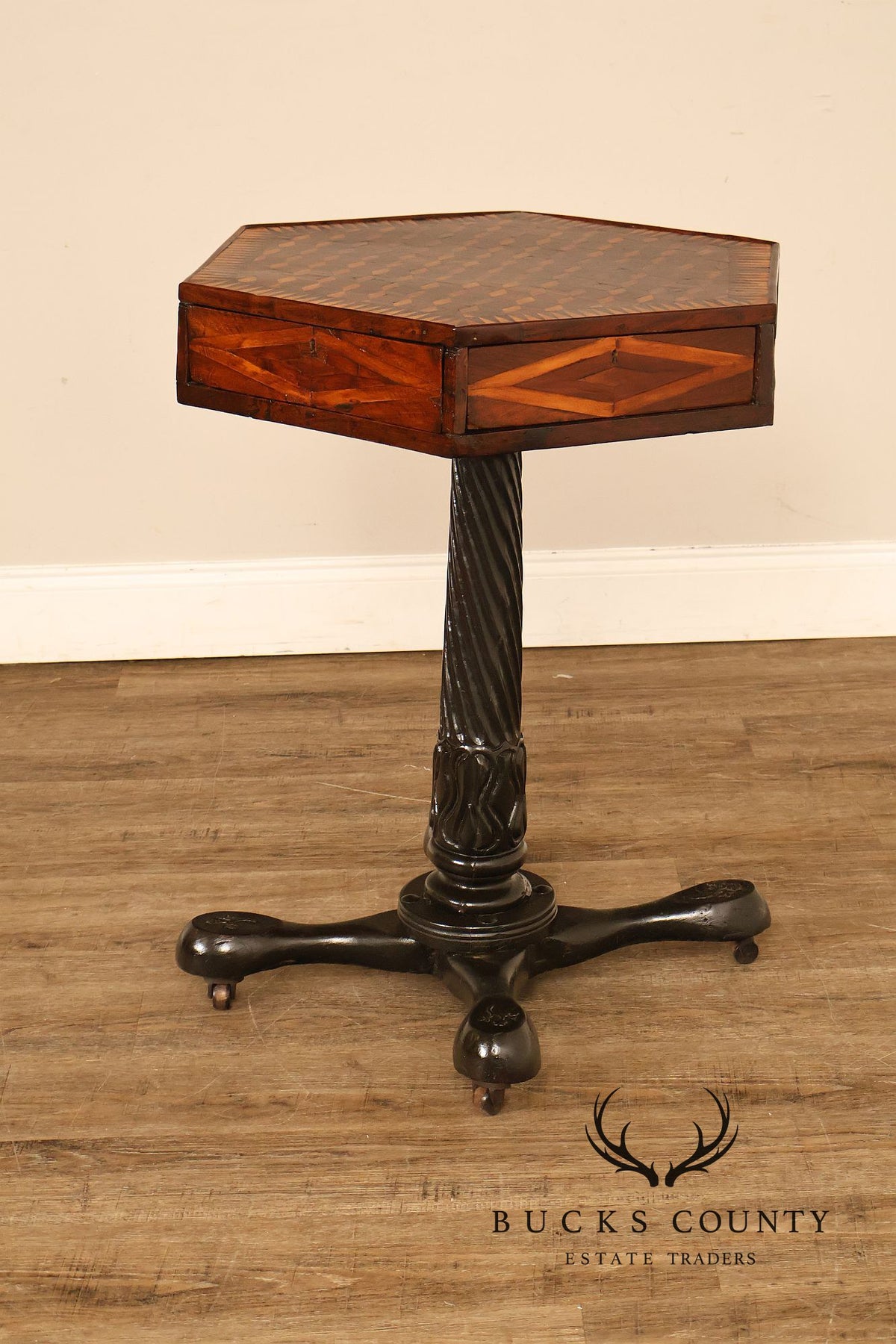 Antique British Colonial Game Table Geometric Wood Inlay