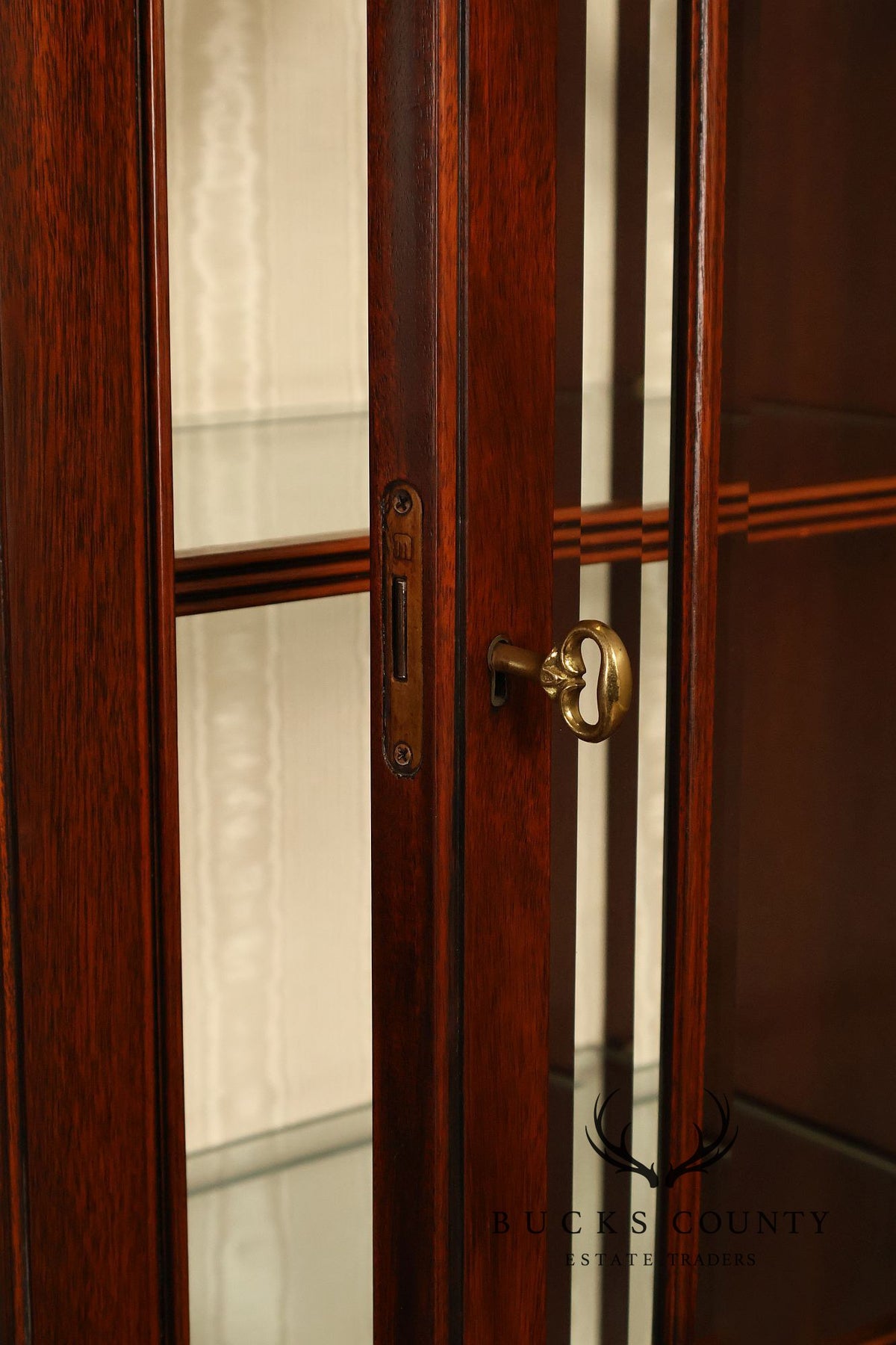 Karges English Style Mahogany Breakfront China Cabinet Display Bookcase with Carved Pediment and Silk Backing
