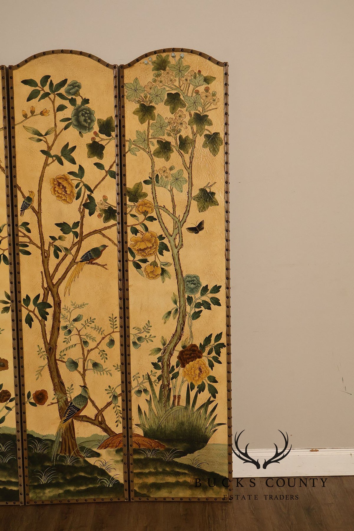 Decorative Crafts Chinoiserie Style Four Panel Hand-Painted Folding Screen
