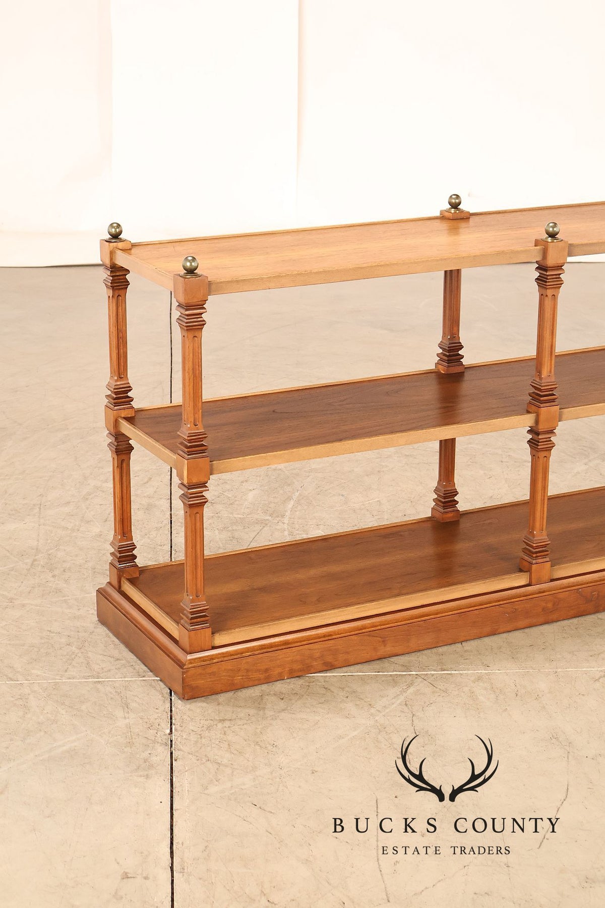 Brandt Furniture Regency Style Walnut Three-Tier Open Etagere Bookcase With Brass Ball Finials