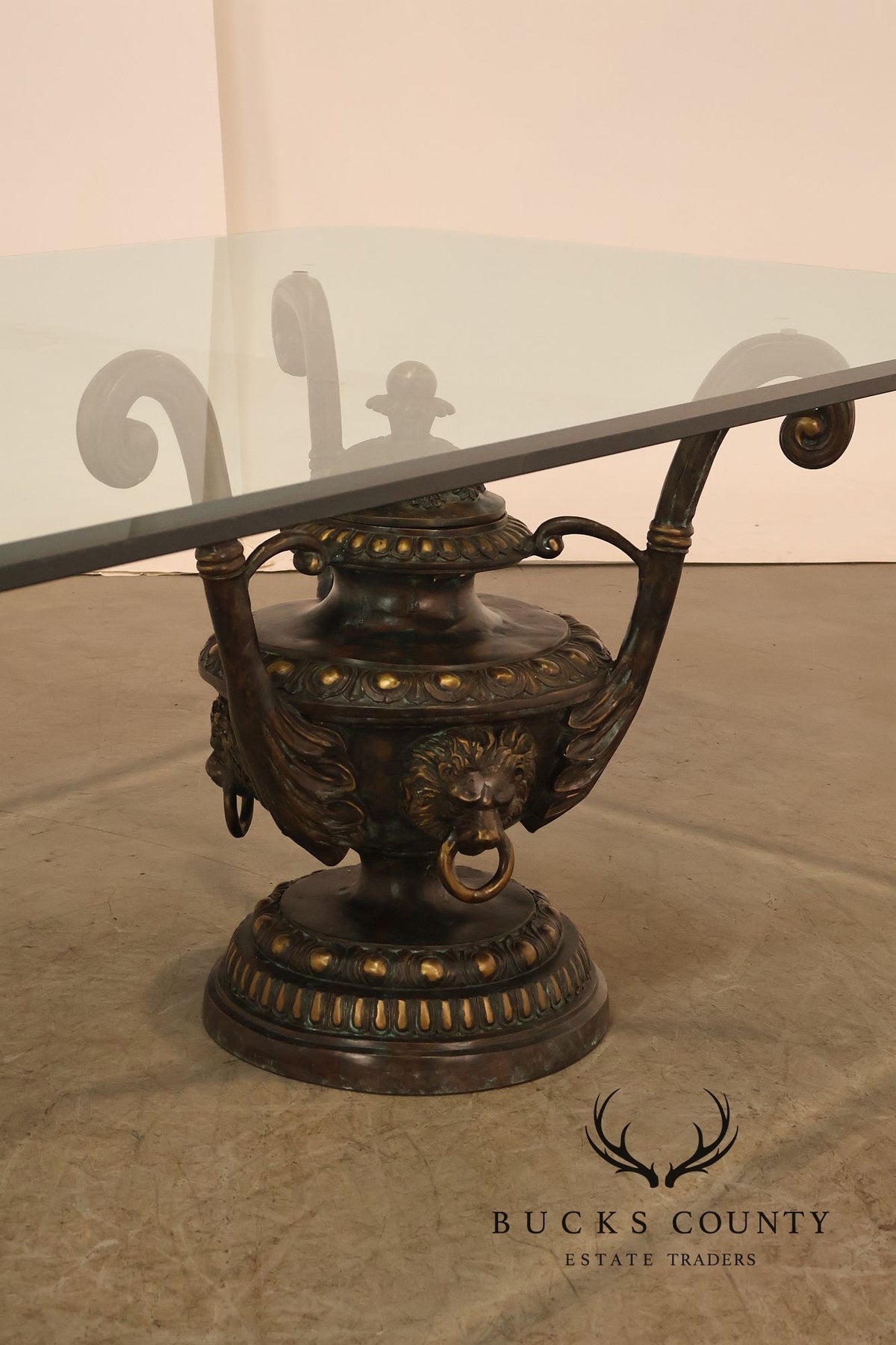 Monumental Brass Urn Form  Double Pedestal Glass Top Dining Table