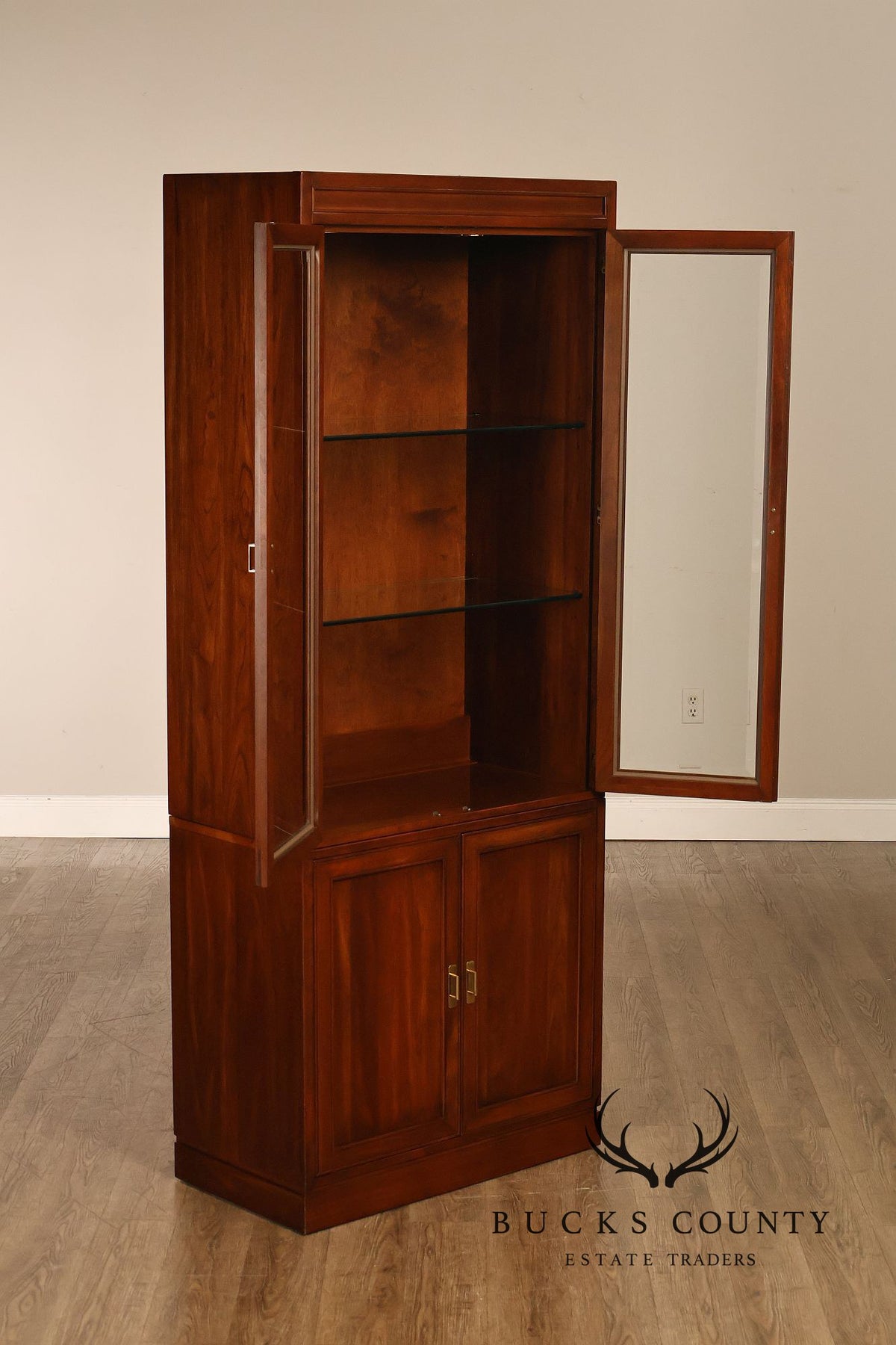 Ethan Allen Campaign Style Pair Of Display Curio Cabinets