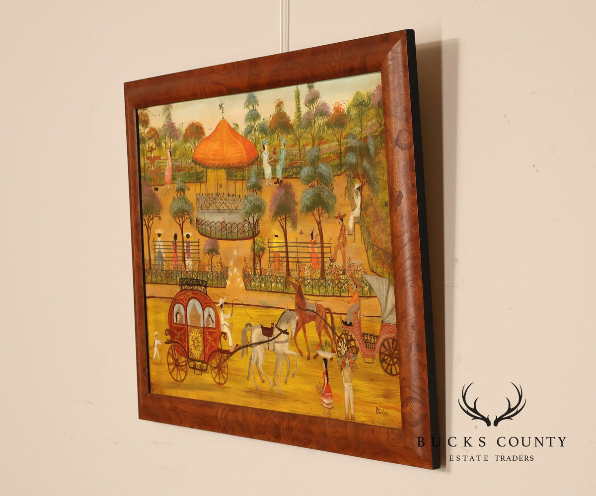 Original Mexican Oil Folk Art Garden And Carriage Scene Painting By R Torres