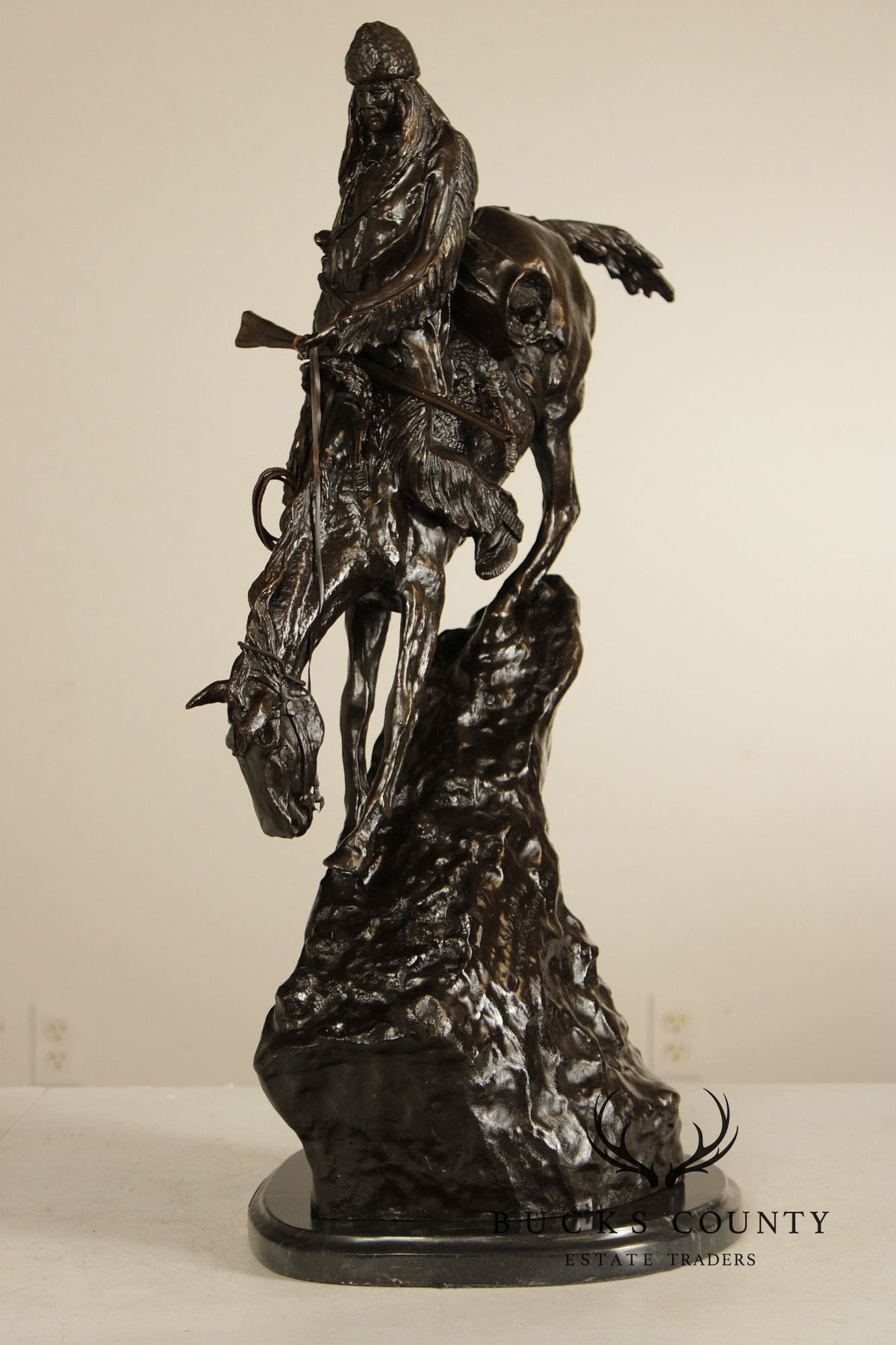Frederic Remington Mountain Man Bronze Sculpture On Marble Base