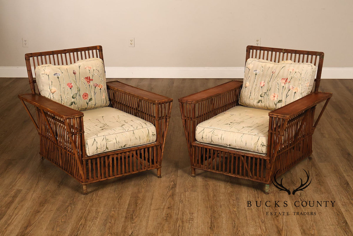 Antique Pair Of Split Reed Rattan Lounge Chairs