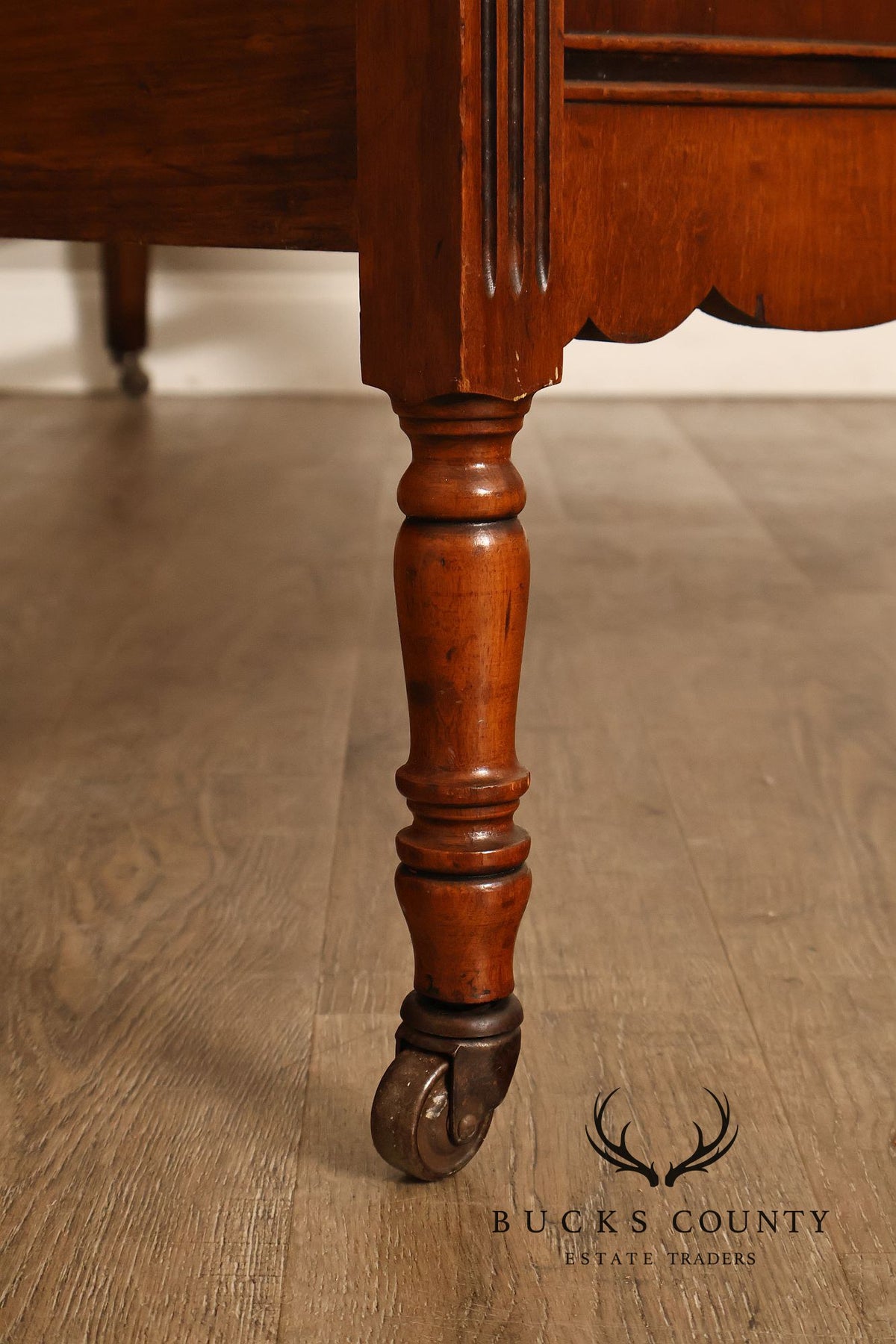 Antique Victorian Walnut Full Size Bedframe With Carved Floral Accents And Decorative Inlay