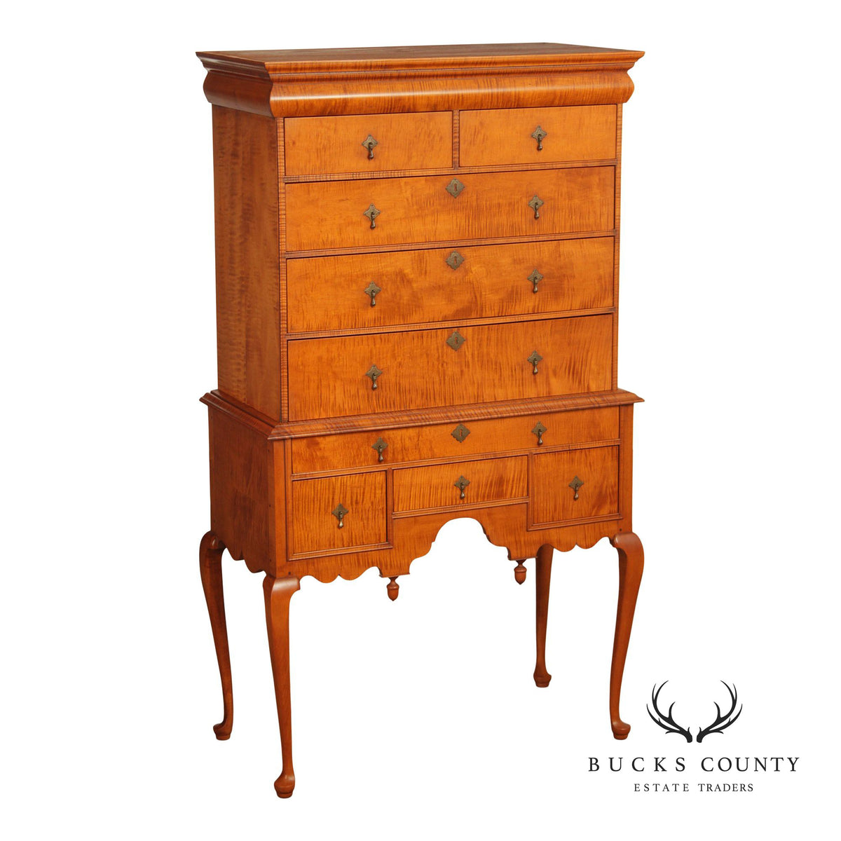 Simms & Thayer Queen Anne Style Tiger Maple Highboy