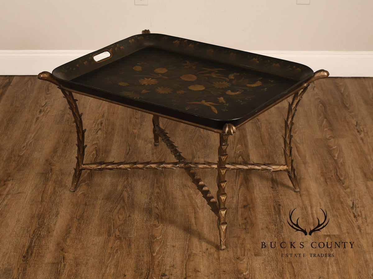 Tole Painted Tray Top Coffee Table With Gilt Metal Base