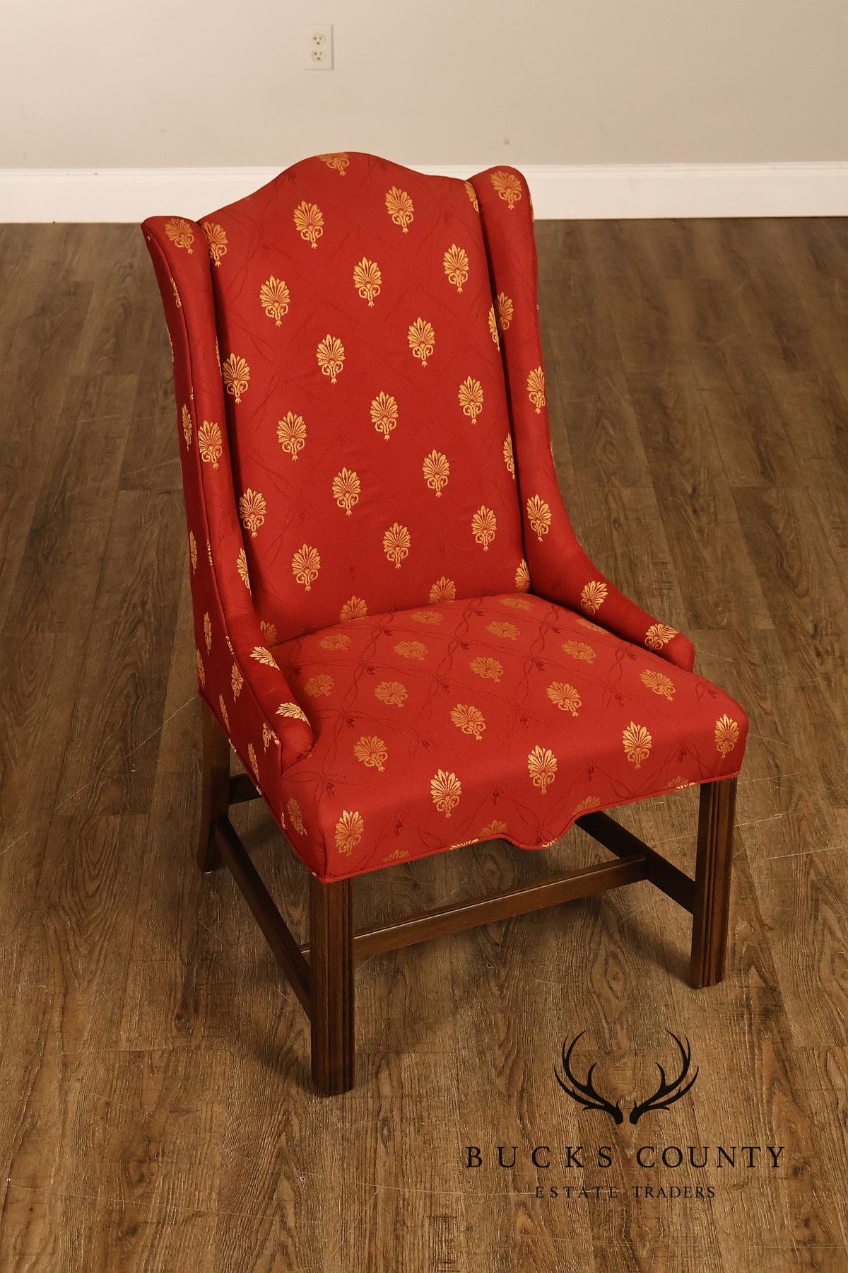 Pair Of Red And Gold Upholstered Wingback Accent Chairs With H-Stretcher Bases