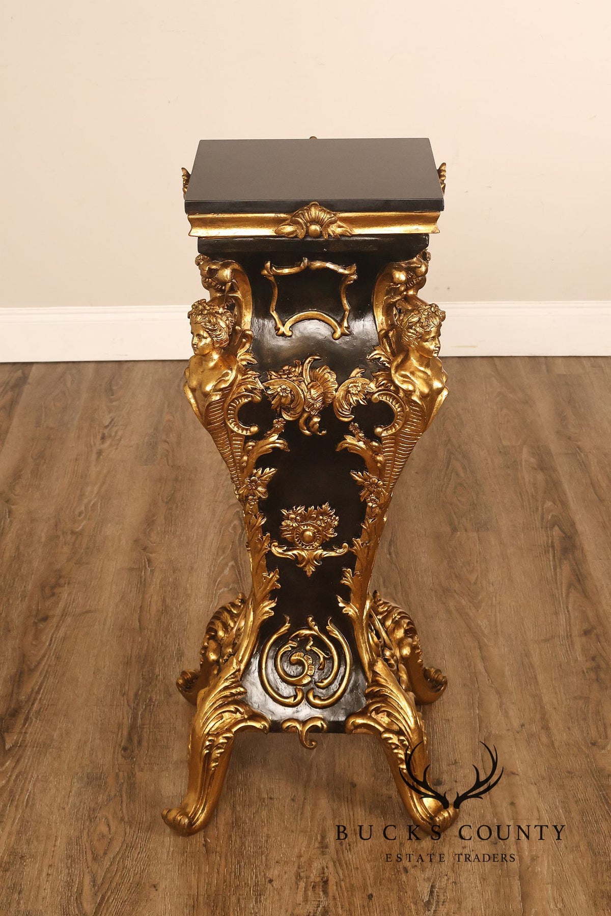 Italian Renaissance Style Pair of Slate Top Figural Carved Pedestals