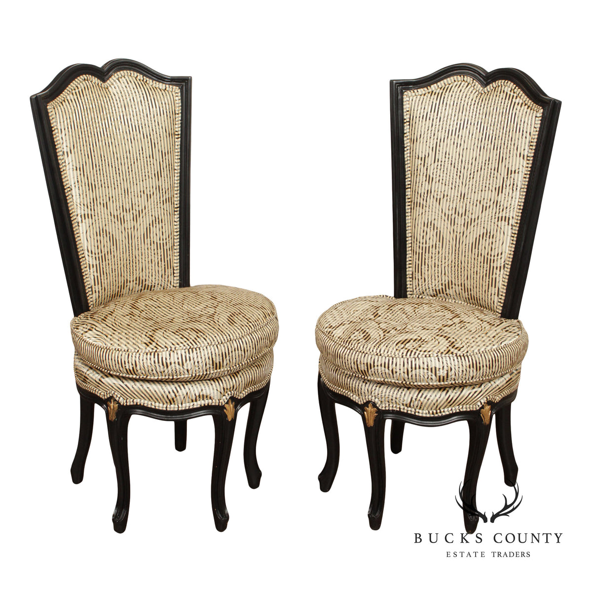Italian Rococo Style Pair of Ebonized and Partial Gilt Side Chairs