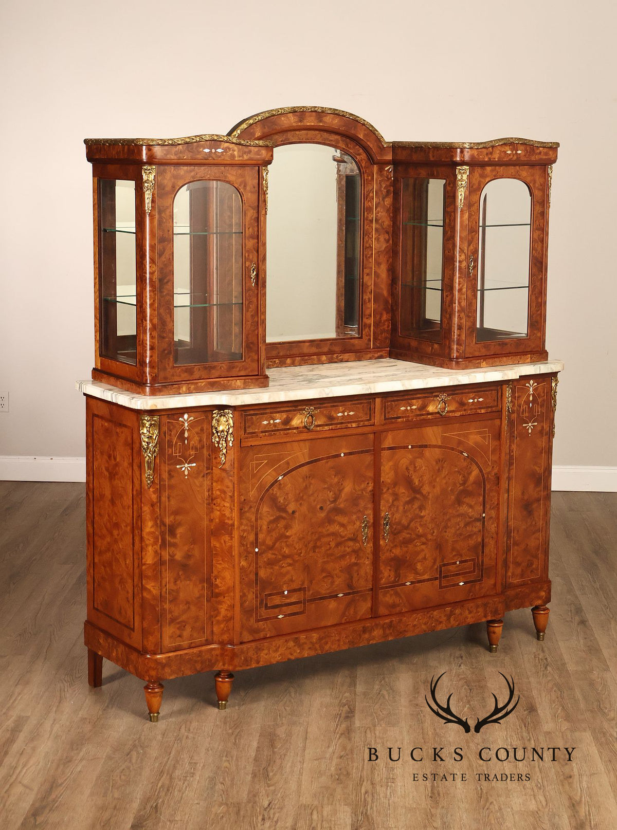 French Belle Époque Art Nouveau Burled Walnut Marble Top Sideboard With Display Cabinets
