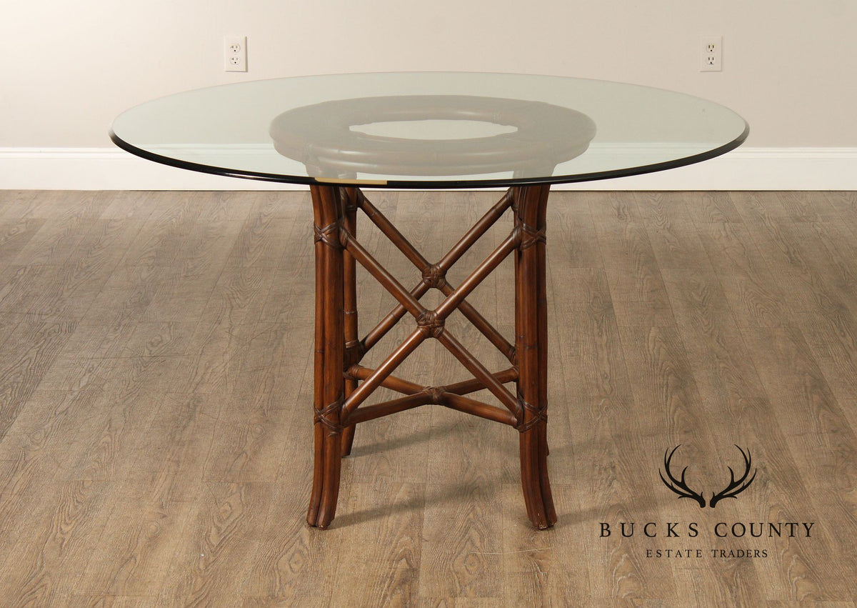 Hollywood Regency Round Glass Top Rattan Dining Table