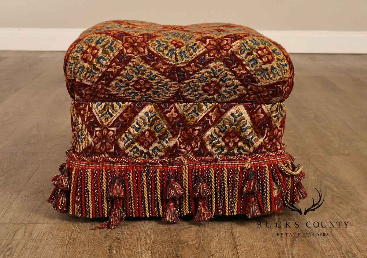 Pair of Tufted Upholstered Tassel Fringe Footstools Ottomans