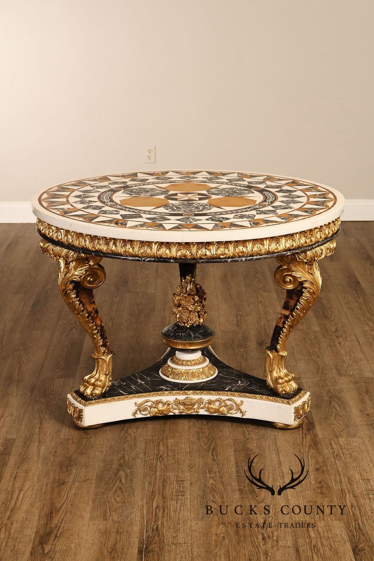Empire Style Round Pietra Dura Center Table With Gilt Carved Base