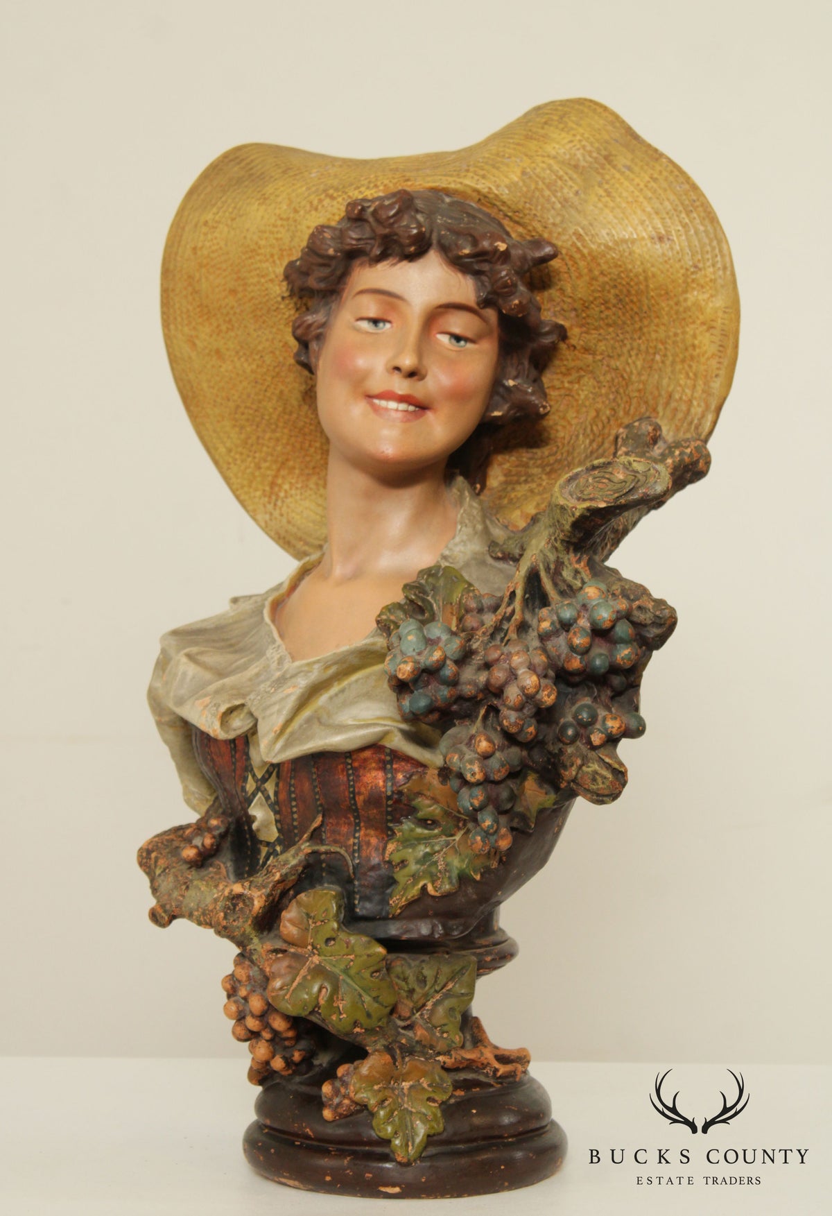 Vintage Bust of Maiden Carved Sculpture, 'Lady of the Grapes'